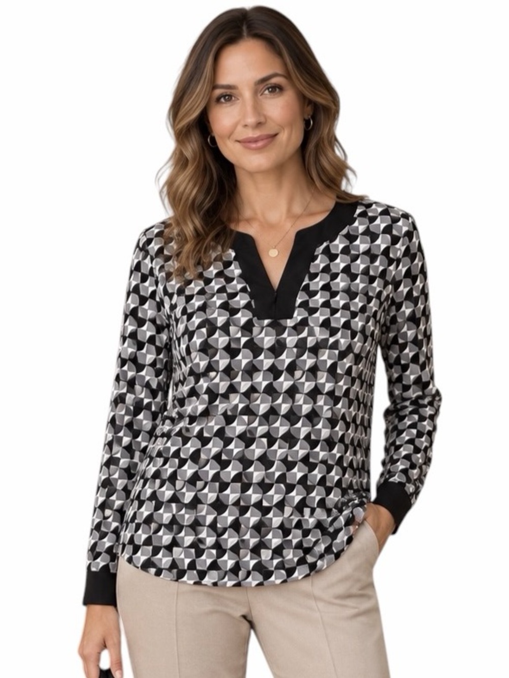 Tahari Medium Black Gray & White Geometric Print Tunic Blouse Modest Office Chic